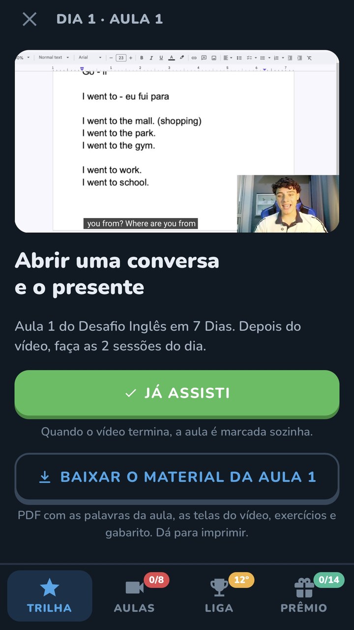 Vídeo aula do Dia 1 no app do Desafio 7 Dias, com o botão para baixar o material da aula